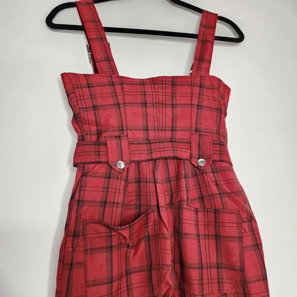 WeWoreWhat Y2K Plaid Moto Jumpsuit Overalls Stretch Buckle Adjustable Straps Red - Picture 9 of 9